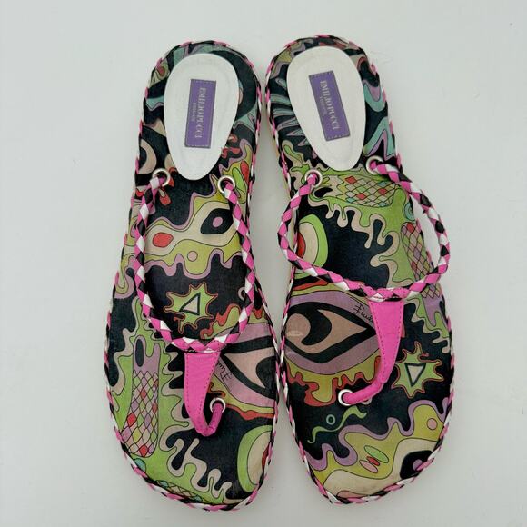 Emilio Pucci Multicolor Printed Flip Flop Slides Shoes Pink/Black | Fit US 9.5 - Picture 2 of 11